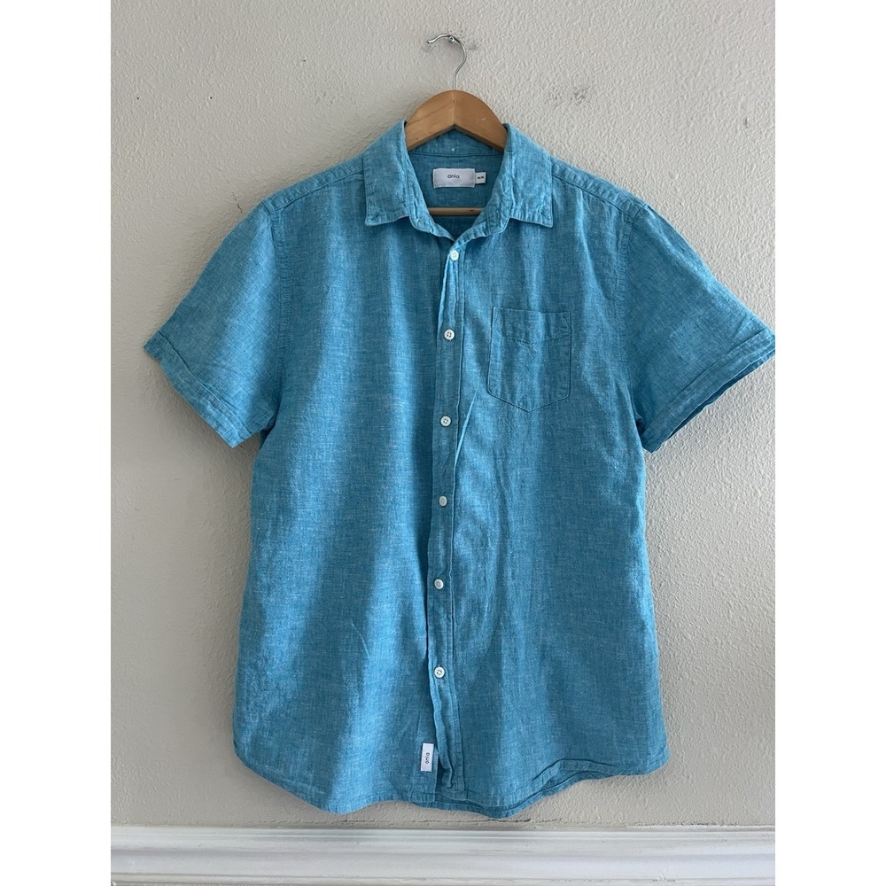 Onia Button Up Shirt Mens M Blue Linen Blend Short Sleeve Summer Beach Vacation